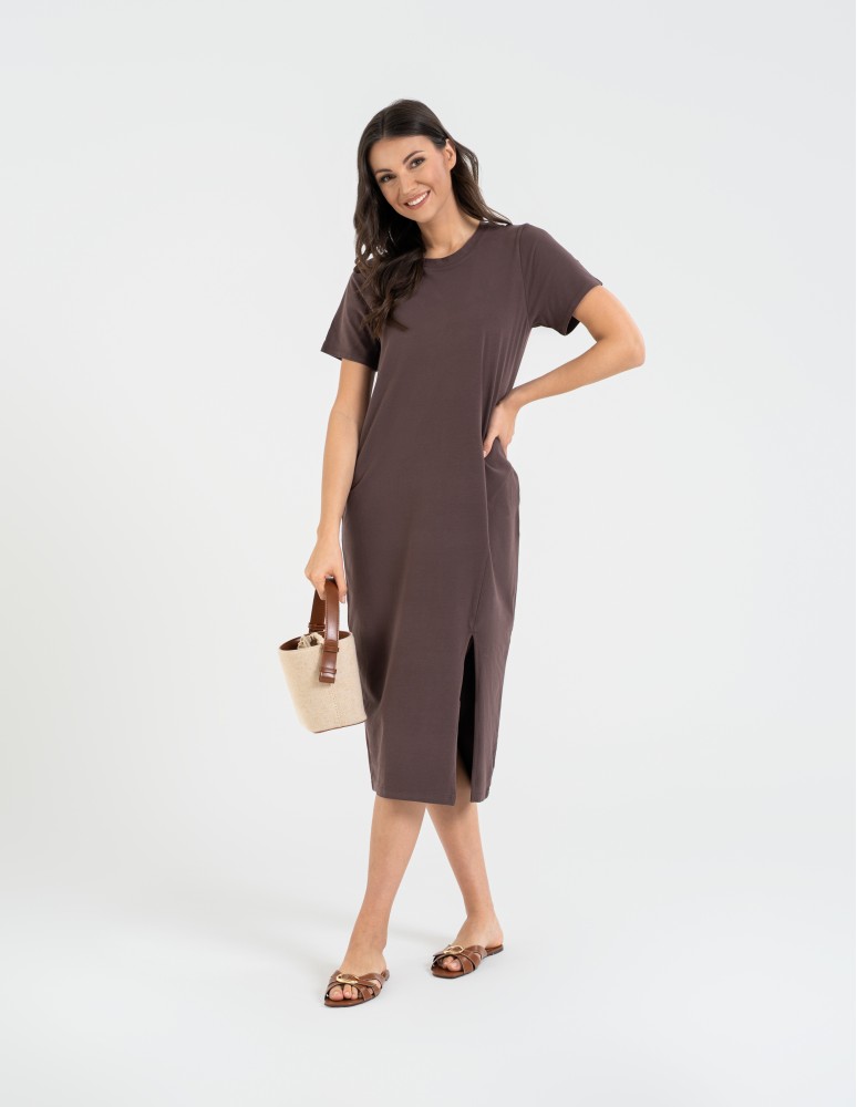 Sukienki midi - Sukienka damska bawełniana gładka z krótkim rękawem i rozcięciami po bokach BRĄZOWY  - produkt moraj.pl 7