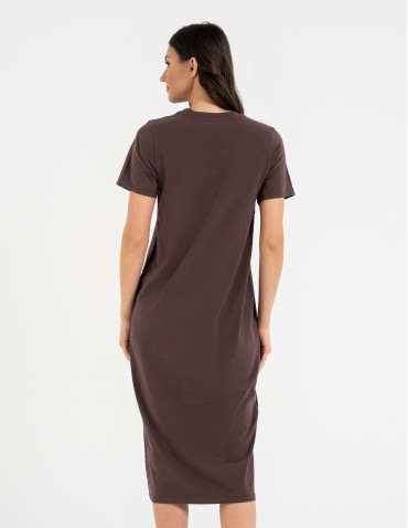 Sukienki midi - Sukienka damska bawełniana gładka z krótkim rękawem i rozcięciami po bokach BRĄZOWY - produkt 8