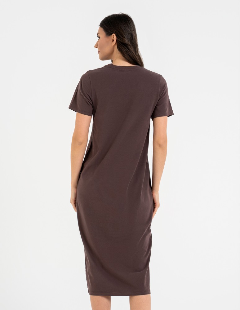 Sukienki midi - Sukienka damska bawełniana gładka z krótkim rękawem i rozcięciami po bokach BRĄZOWY  - produkt moraj.pl 8