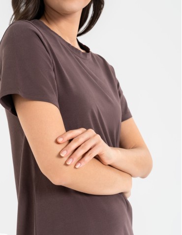 Sukienka damska bawełniana gładka z krótkim rękawem i rozcięciami po bokach - BRĄZOWY  - produkt 2