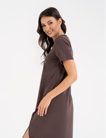 Sukienki midi - Sukienka damska bawełniana gładka z krótkim rękawem i rozcięciami po bokach BRĄZOWY - produkt 4