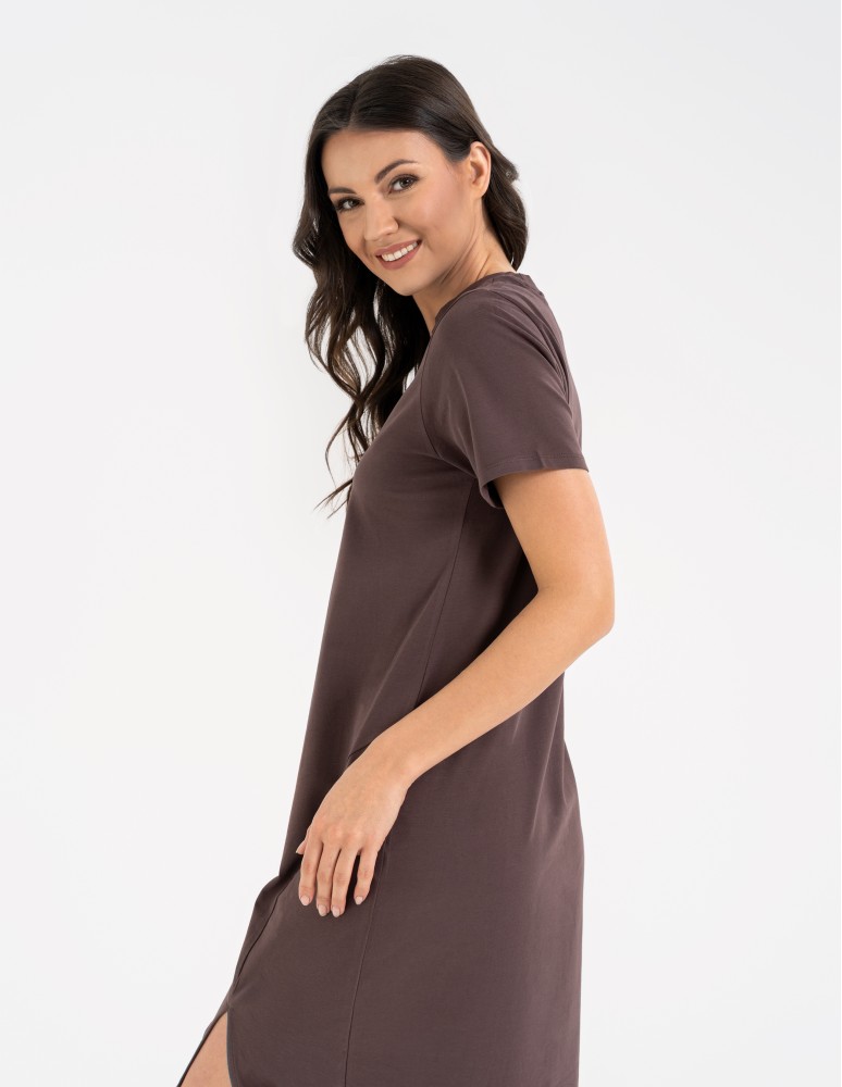 Sukienki midi - Sukienka damska bawełniana gładka z krótkim rękawem i rozcięciami po bokach BRĄZOWY  - produkt moraj.pl 4