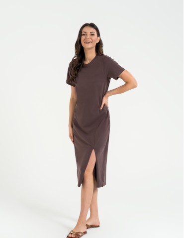 Sukienki midi - Sukienka damska bawełniana gładka z krótkim rękawem i rozcięciami po bokach BRĄZOWY - produkt 5