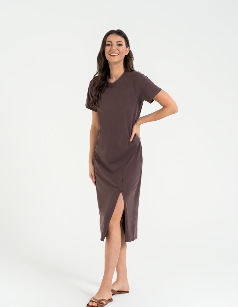 Sukienki midi - Sukienka damska bawełniana gładka z krótkim rękawem i rozcięciami po bokach BRĄZOWY  - produkt moraj.pl 5
