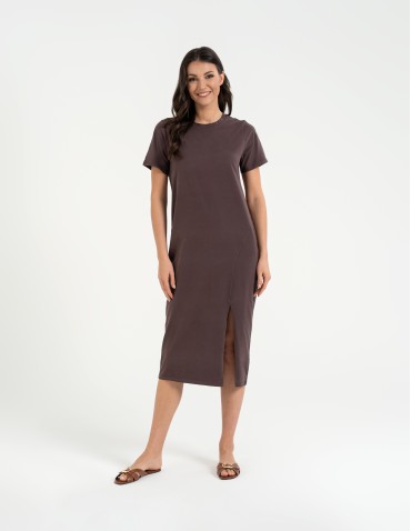 Sukienki midi - Sukienka damska bawełniana gładka z krótkim rękawem i rozcięciami po bokach BRĄZOWY - produkt 3