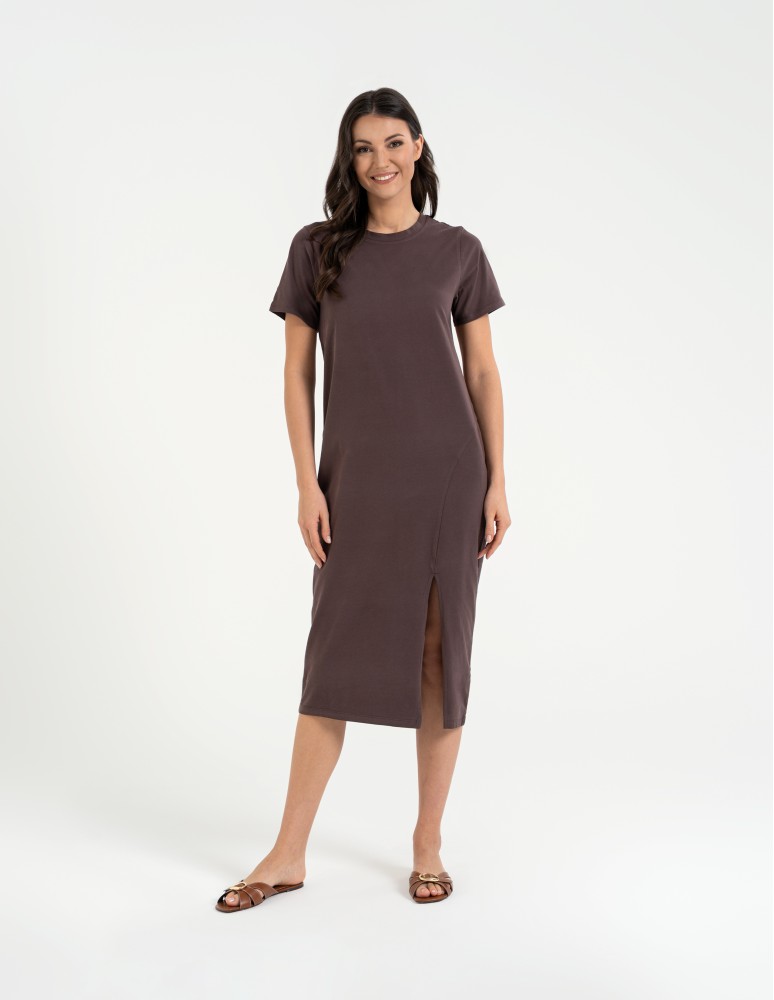 Sukienki midi - Sukienka damska bawełniana gładka z krótkim rękawem i rozcięciami po bokach BRĄZOWY  - produkt moraj.pl 3