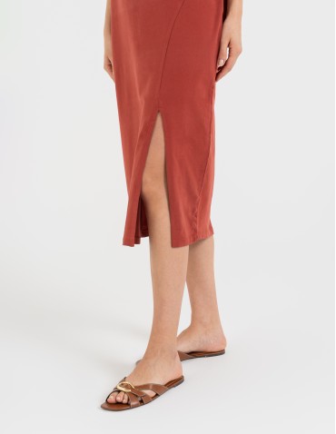 Sukienki midi - Sukienka damska bawełniana gładka z krótkim rękawem i rozcięciami po bokach POMARAŃCZOWY - produkt 7