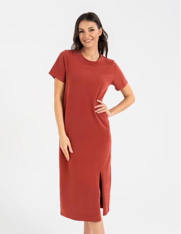 Sukienki midi - Sukienka damska bawełniana gładka z krótkim rękawem i rozcięciami po bokach POMARAŃCZOWY - produkt 3