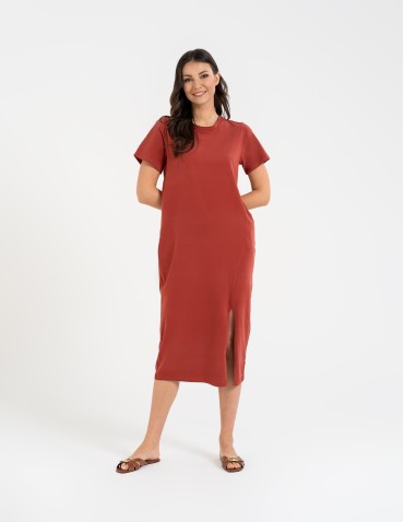 Sukienki midi - Sukienka damska bawełniana gładka z krótkim rękawem i rozcięciami po bokach POMARAŃCZOWY - produkt 5