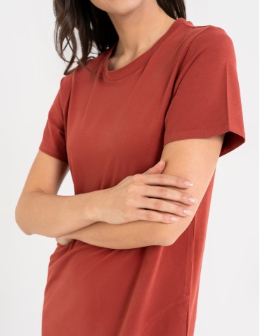 Sukienka damska bawełniana gładka z krótkim rękawem i rozcięciami po bokach - POMARAŃCZOWY  - produkt 2