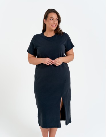 Sukienki midi - Sukienka damska bawełniana gładka z krótkim rękawem i rozcięciami po bokach CZARNY - produkt 9