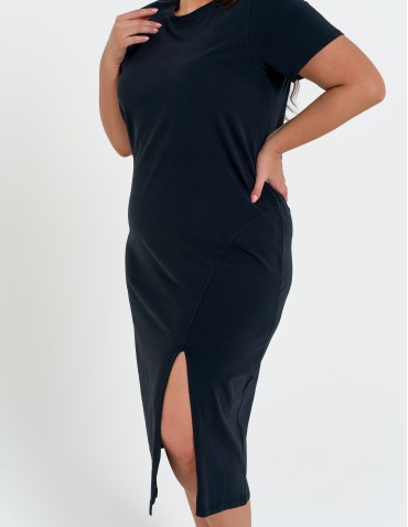 Sukienki midi - Sukienka damska bawełniana gładka z krótkim rękawem i rozcięciami po bokach CZARNY - produkt 12