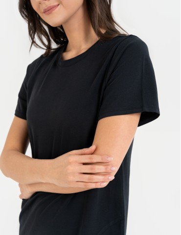 Sukienka damska bawełniana gładka z krótkim rękawem i rozcięciami po bokach - CZARNY  - produkt 2