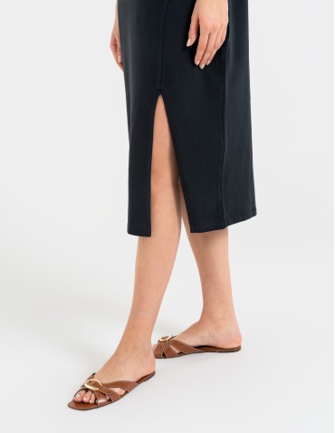 Sukienki midi - Sukienka damska bawełniana gładka z krótkim rękawem i rozcięciami po bokach CZARNY - produkt 6