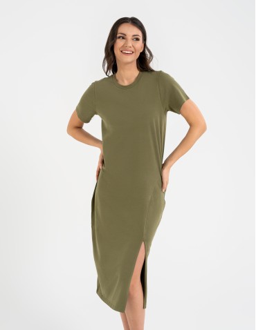 Sukienki midi - Sukienka damska bawełniana gładka z krótkim rękawem i rozcięciami po bokach ZIELONY - produkt 3