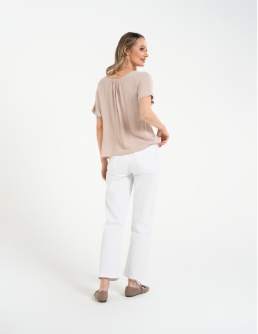 Bluzki i koszule - Bluzka damska z wiskozy z guzikami przy dekolcie BEŻOWY - produkt 11