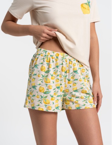 Piżamy - Piżama damska bawełniana z krótkim rękawem w cytryny BEŻOWY - produkt 11