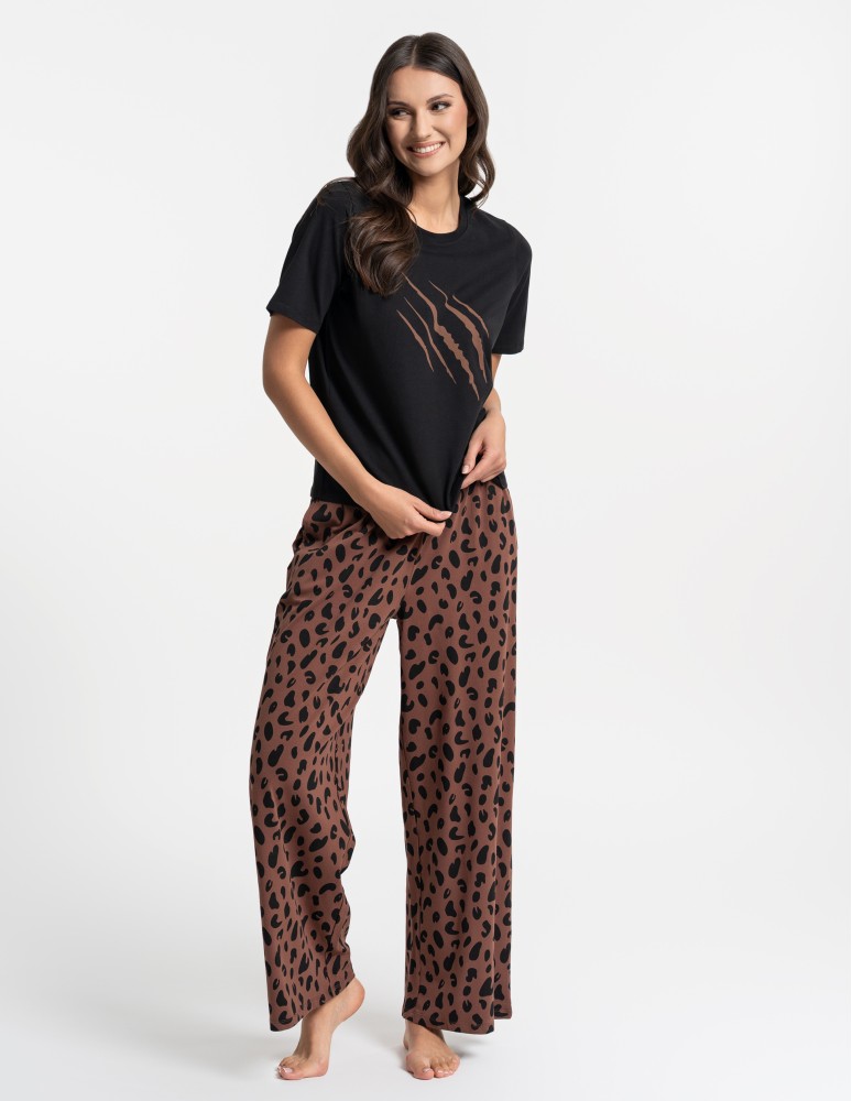 Piżamy - Piżama damska bawełniana z krótkim rękawem i spodniami z motywem zwierzęcym CZARNY - produkt moraj.pl 1