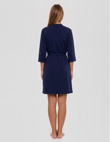 Szlafroki - Szlafrok damski bawełniany klasyczny z wiązaniem i kieszeniami GRANATOWY - produkt 3