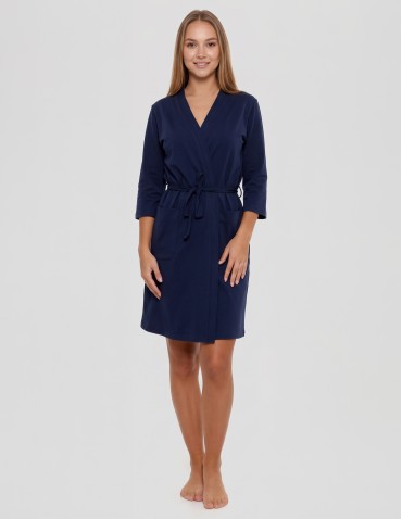 Szlafrok damski bawełniany klasyczny z wiązaniem i kieszeniami - GRANATOWY