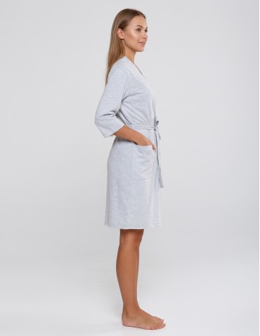 Szlafrok damski bawełniany klasyczny z wiązaniem i kieszeniami - SZARY  - produkt 2