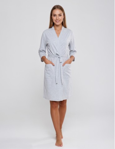 Szlafrok damski bawełniany klasyczny z wiązaniem i kieszeniami - SZARY