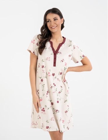 Koszula nocna damska 100% bawełniana z krótkim rękawem i kwiatowym wzorem