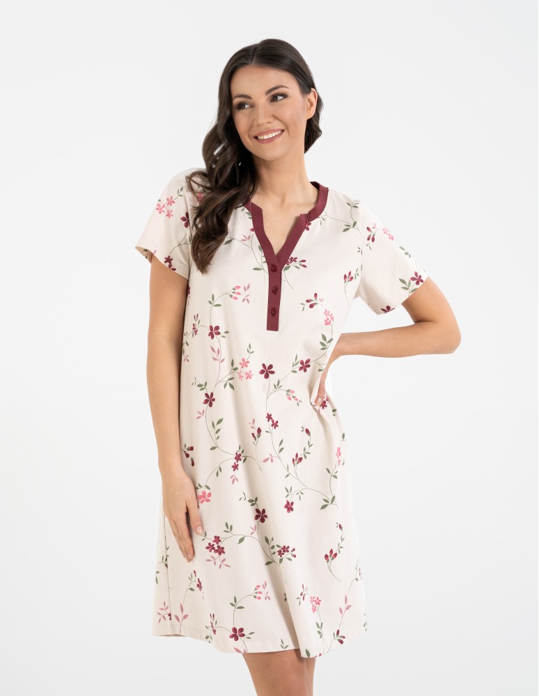 Koszule nocne z krótkim rękawem - Koszula nocna damska 100% bawełniana z krótkim rękawem i kwiatowym wzorem WZÓR 1 - produkt moraj.pl 1