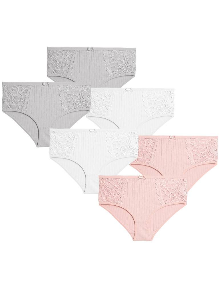 Majtki z wysokim stanem - Majtki damskie figi maxi bikini bawełniane prążkowane z ozdobną koronką 6-pak WIELOKOLOROWY - produkt moraj.pl 1