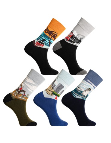 Skarpetki męskie bawełniane długie kolorowe z motywem podróżniczym 10-pak - WIELOKOLOROWY  - produkt 2