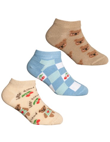 Skarpetki dziewczęce bawełniane z motywem misia i wisienek 3-pak - WIELOKOLOROWY