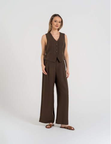 Kamizelki damskie - Kamizelka damska casual krótka garniturowa z regulacją z tyłu CIEMNY BRĄZ - produkt 8