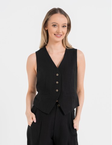 Kamizelka damska casual krótka garniturowa z regulacją z tyłu - CZARNY