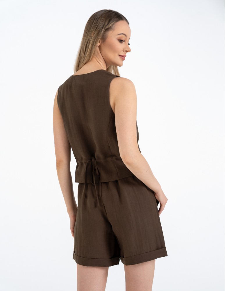 Kamizelki damskie - Kamizelka damska casual krótka garniturowa z regulacją z tyłu CIEMNY BRĄZ  - produkt moraj.pl 2