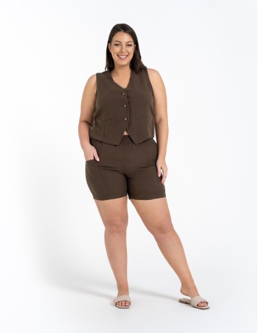 Szorty materiałowe - Spodenki damskie casual szorty z wysokim stanem i kieszeniami CIEMNY BRĄZ - produkt 8