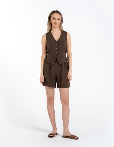 Szorty materiałowe - Spodenki damskie casual szorty z wysokim stanem i kieszeniami CIEMNY BRĄZ - produkt 5