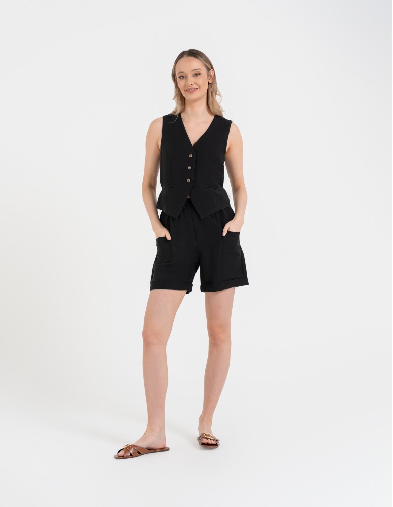 Szorty materiałowe - Spodenki damskie casual szorty z wysokim stanem i kieszeniami CZARNY - produkt moraj.pl 1