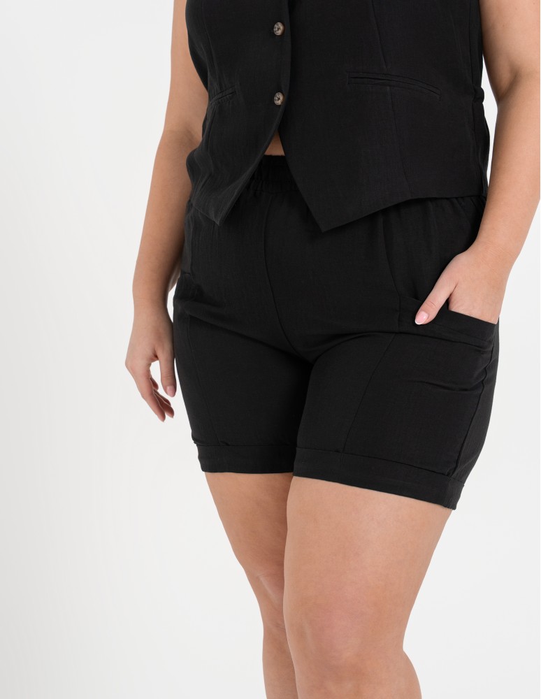 Szorty materiałowe - Spodenki damskie casual szorty z wysokim stanem i kieszeniami CZARNY  - produkt moraj.pl 6