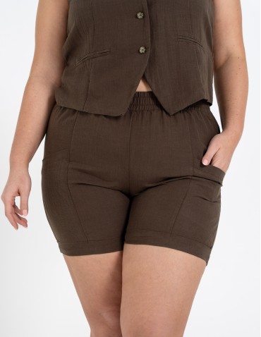 Szorty materiałowe - Spodenki damskie casual szorty z wysokim stanem i kieszeniami CIEMNY BRĄZ - produkt 9