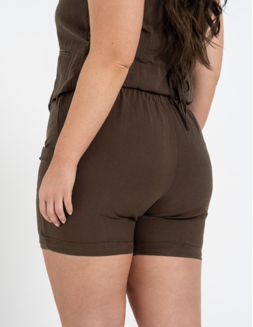 Szorty materiałowe - Spodenki damskie casual szorty z wysokim stanem i kieszeniami CIEMNY BRĄZ - produkt 11