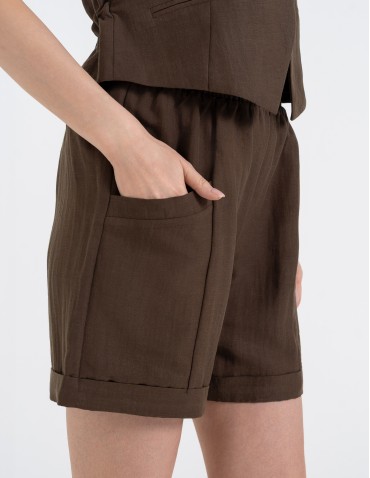 Szorty materiałowe - Spodenki damskie casual szorty z wysokim stanem i kieszeniami CIEMNY BRĄZ - produkt 4