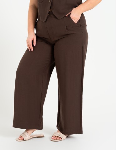 Spodnie materiałowe - Spodnie damskie z szeroką nogawką typu wide leg z lyocellu CIEMNY BRĄZ - produkt 7