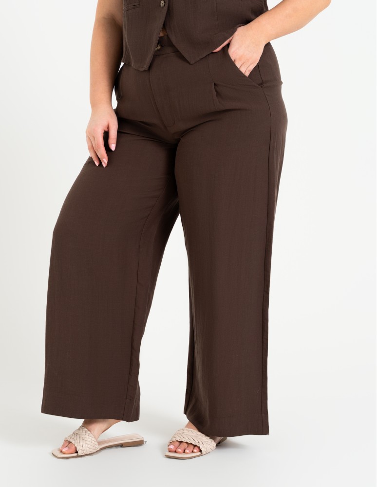 Spodnie materiałowe - Spodnie damskie z szeroką nogawką typu wide leg z lyocellu CIEMNY BRĄZ  - produkt moraj.pl 7