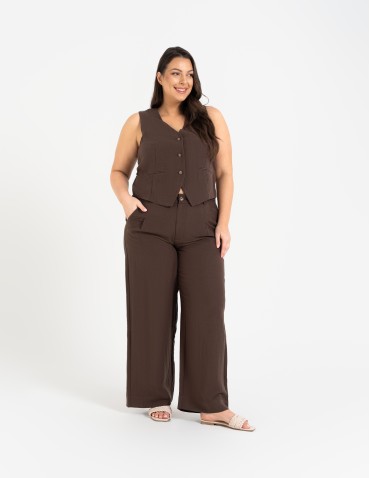 Spodnie materiałowe - Spodnie damskie z szeroką nogawką typu wide leg z lyocellu CIEMNY BRĄZ - produkt 5