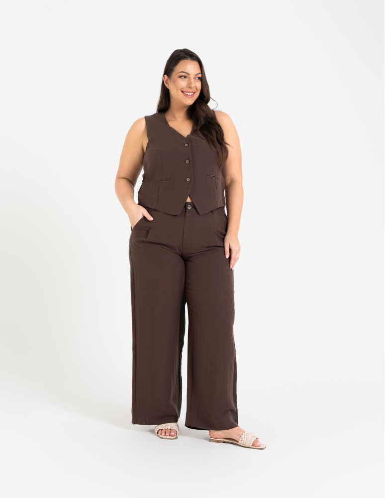 Spodnie materiałowe - Spodnie damskie z szeroką nogawką typu wide leg z lyocellu CIEMNY BRĄZ  - produkt moraj.pl 5