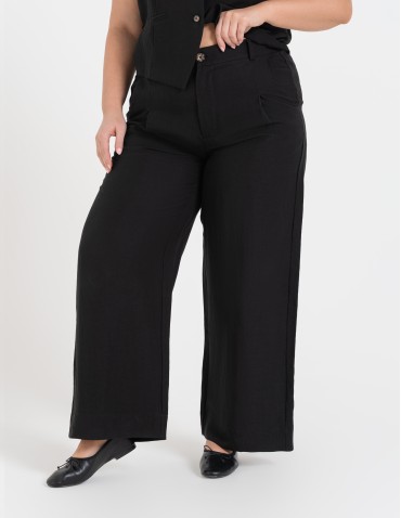 Spodnie materiałowe - Spodnie damskie z szeroką nogawką typu wide leg z lyocellu CZARNY - produkt 7