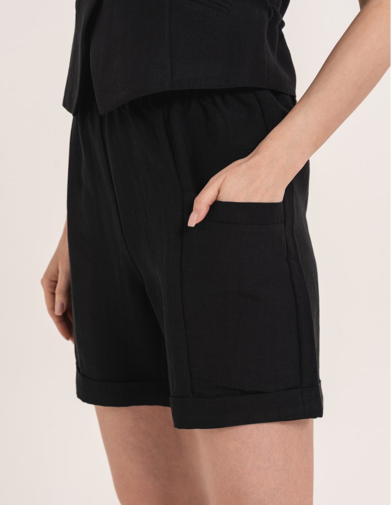 Szorty materiałowe - Spodenki damskie casual szorty z wysokim stanem i kieszeniami CZARNY  - produkt moraj.pl 9