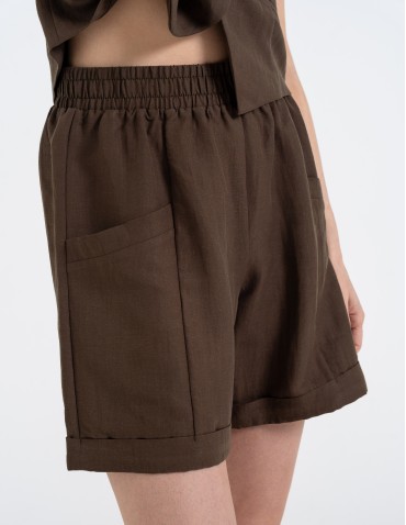 Szorty materiałowe - Spodenki damskie casual szorty z wysokim stanem i kieszeniami CIEMNY BRĄZ - produkt 12