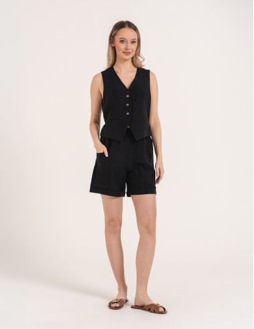 Szorty materiałowe - Spodenki damskie casual szorty z wysokim stanem i kieszeniami CZARNY - produkt 10