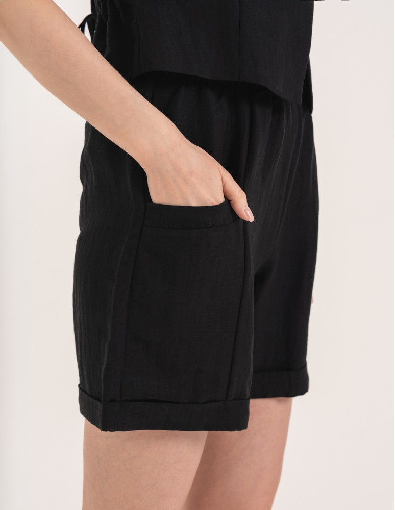 Szorty materiałowe - Spodenki damskie casual szorty z wysokim stanem i kieszeniami CZARNY  - produkt moraj.pl 12